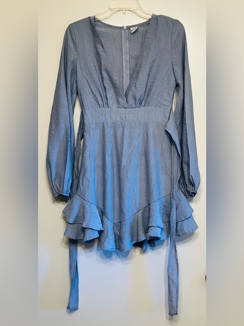 Angel Biba Dusty Blue Ruffle Mini Dress Waist Tie Sashes - Size Small - Picture 2 of 7